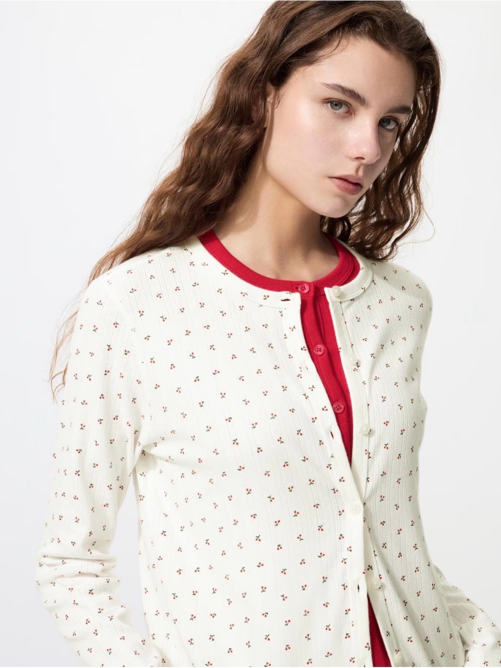 <Uniqlo> Cream Cardigan and Top Set with Red Cherry Print